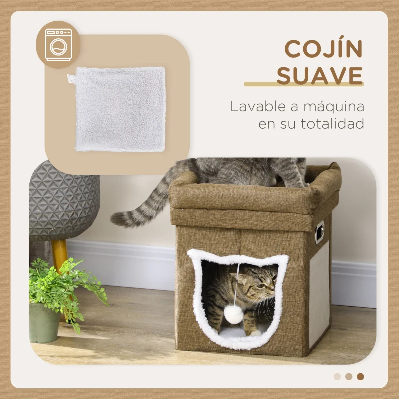 PawHut Cama Cueva para Gatos Caseta para Gatos con Rascador Cojín Suave Bola Colgante y Marco de Madera 39x39x42 cm Marrón