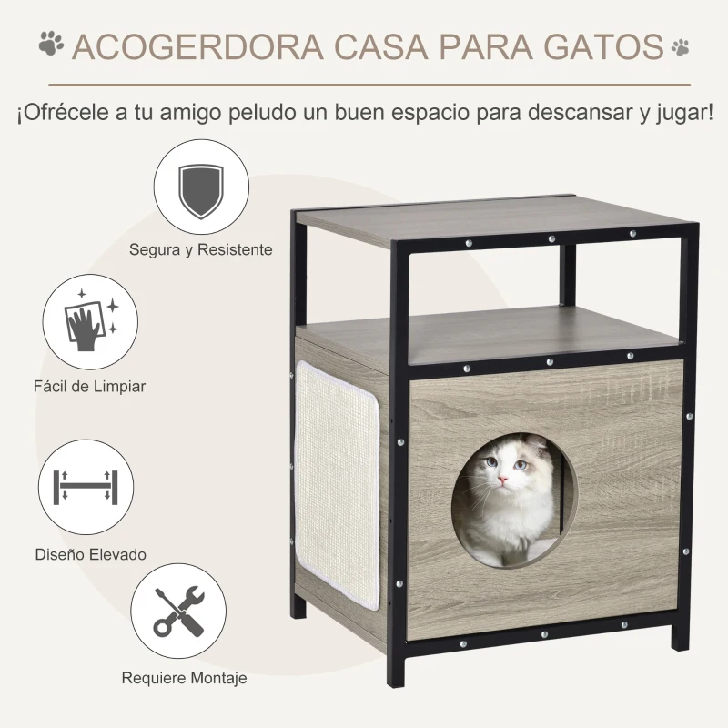 PawHut Casa para Gatos de Madera con Apariencia de Mesa Auxiliar Cueva con Cojín Extraíble Puerta con Orificio y Alfombrilla Rascadora 48x40x64,5 cm Roble Gris