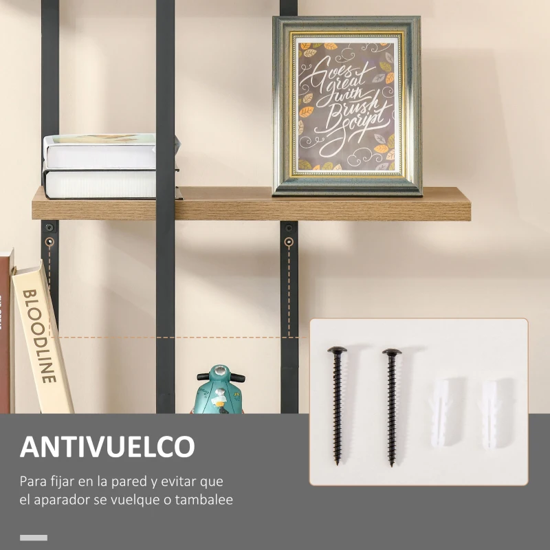 HOMCOM Estantería Librería de Almacenamiento Metálica de 5 Niveles con Diseño Irregular 80x39x179,5 cm Negro y Natural