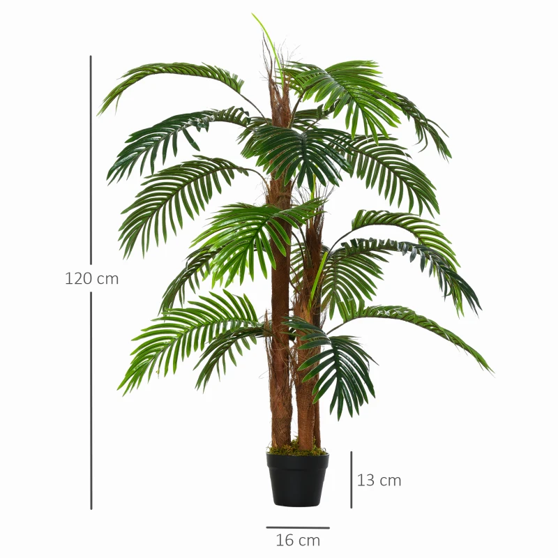 Outsunny Planta Artificial Palmera Altura 120 cm Árbol Artificial con 3 Troncos y 19 Hojas para Decoración Hogar Oficina Ø16x120 cm Verde
