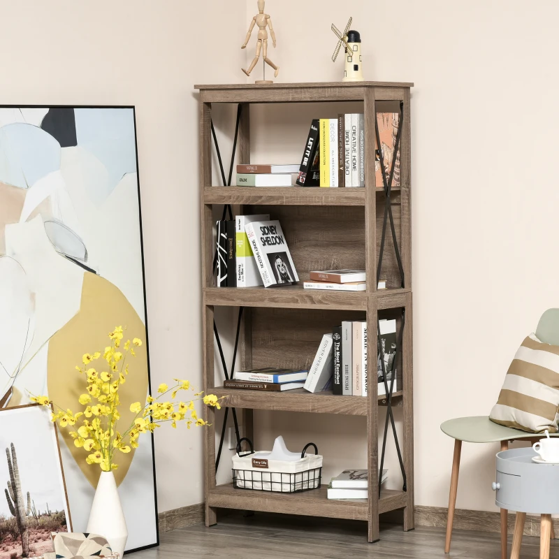HOMCOM Estantería Librería de 4 Niveles con Laterales Reforzados de Metal para Sala de Estar Oficina Estudio 80x32x167,5 cm Marrón Rústico