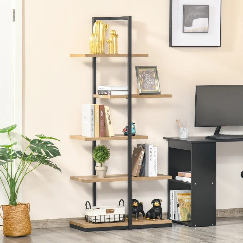 HOMCOM Estantería Librería de Almacenamiento Metálica de 5 Niveles con Diseño Irregular 80x39x179,5 cm Negro y Natural