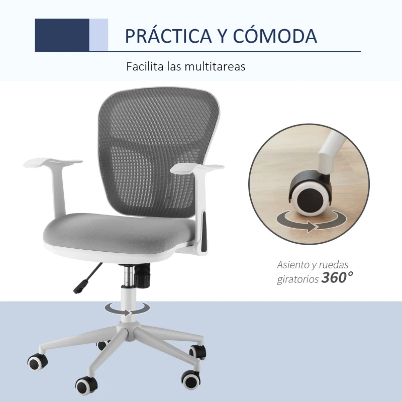 Vinsetto Silla de Oficina Ergonómica Silla Escritorio Giratoria con Altura Ajustable Reposabrazos Soporte Lumbar Respaldo de Malla Transpirable 57x58,8x88-96 cm Gris
