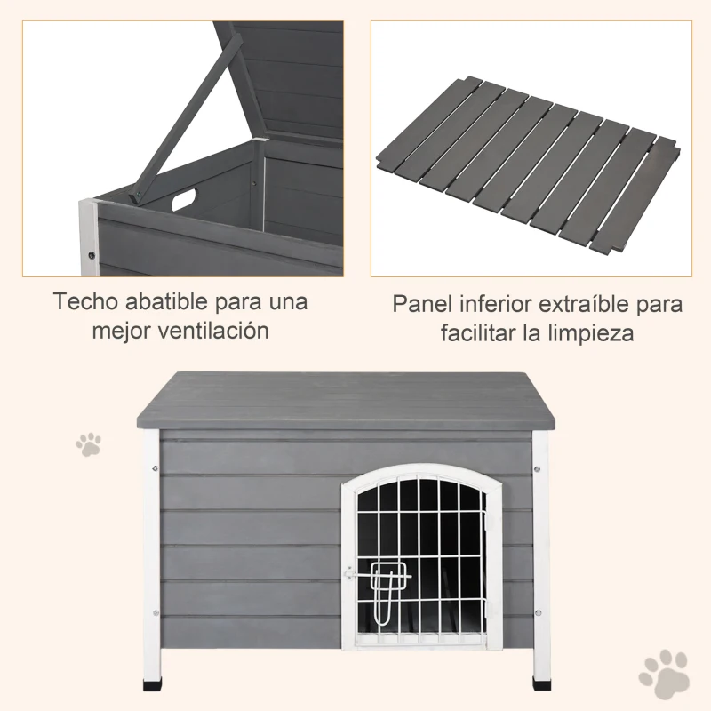 PawHut Caseta para Perros de Madera Jaula Casa para Mascotas con Puerta de Alambre con Cerradura y Asas Huecas Laterales para Interior y Exterior 80x55x53,5 cm Gris