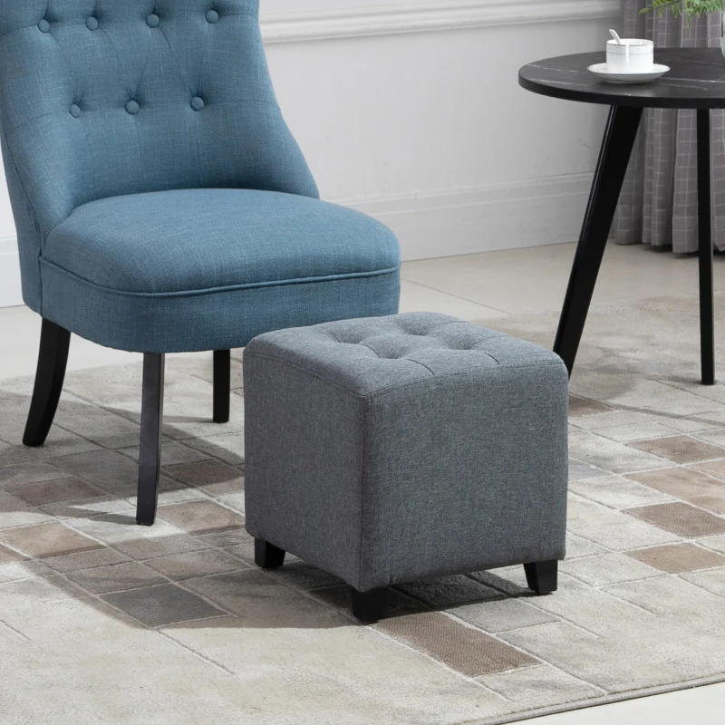 HOMCOM Taburete Bajo Otomana Reposapiés Acolchado con Patas de Madera Maciza Diseño de Botones 35x35x35 cm Gris