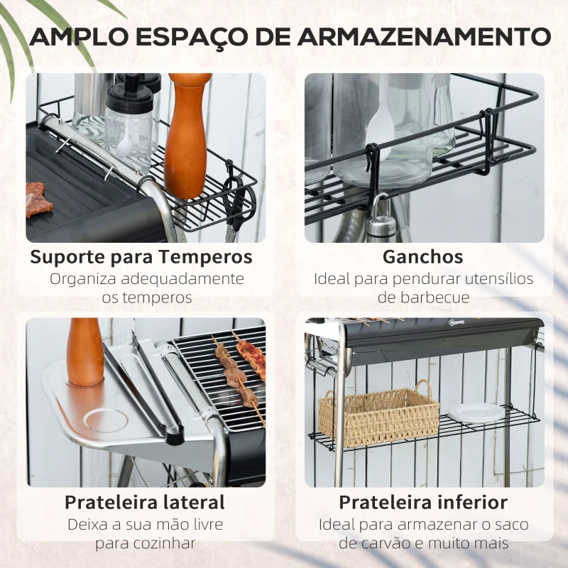 Outsunny Barbecue a Carvão Portátil com Grelha de Aço Inoxidável Prateleira para Temperos e Prateleira de Armazenamento 96x61x72 cm Preto