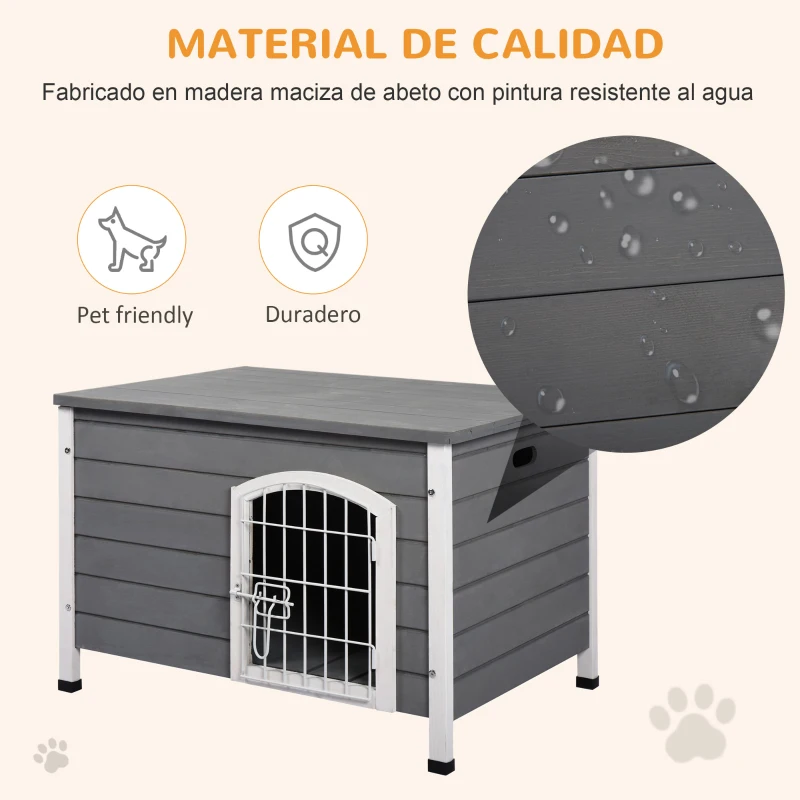 PawHut Caseta para Perros de Madera Jaula Casa para Mascotas con Puerta de Alambre con Cerradura y Asas Huecas Laterales para Interior y Exterior 80x55x53,5 cm Gris