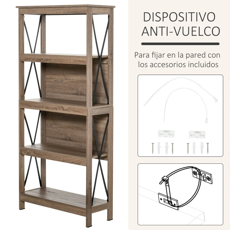 HOMCOM Estantería Librería de 4 Niveles con Laterales Reforzados de Metal para Sala de Estar Oficina Estudio 80x32x167,5 cm Marrón Rústico