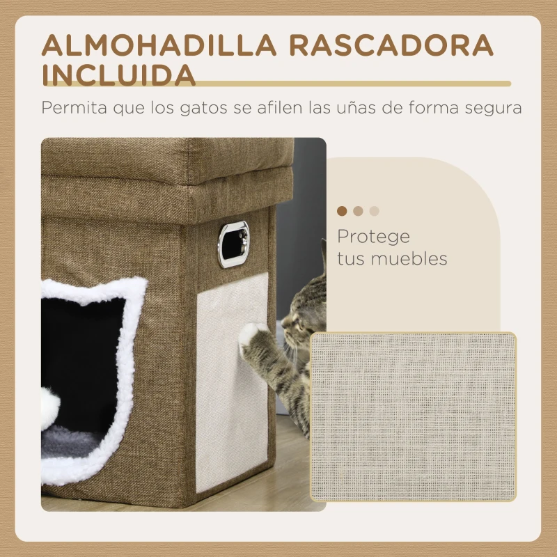 PawHut Cama Cueva para Gatos Caseta para Gatos con Rascador Cojín Suave Bola Colgante y Marco de Madera 39x39x42 cm Marrón