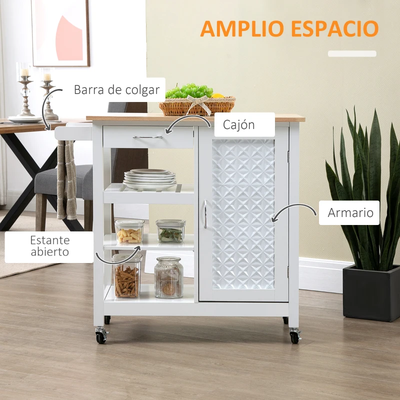 HOMCOM Carro de Cocina con Ruedas Carrito de Servicio con Cajón Armario Balda Interior Ajustable y 3 Estantes Abiertos para Comedor Restaurante 92x40x84 cm Blanco