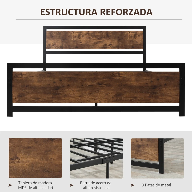 HOMCOM Marco de Cama Doble de Metal para Colchón 150x200 cm con Cabecera de Madera Estructura de Cama con Espacio Bajo de Almacenamiento 160x208x103 cm Negro y Marrón Rústico