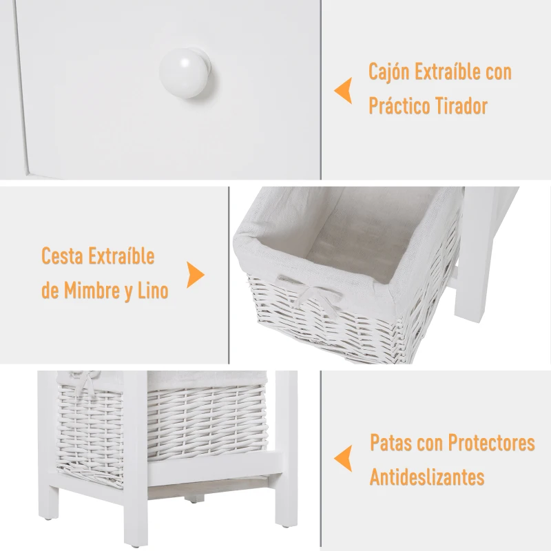 HOMCOM Conjunto de 2 Mesillas de Noche Multifuncional Mesa Auxiliar para Salón Dormitorio con 1 Cajón 1 Cesto Diseño Clásico Gran Espacio para Almacenaje Blanco 28x31x45cm