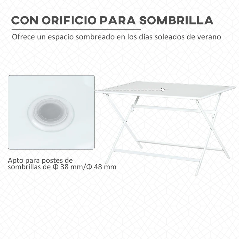 Outsunny Mesa de Jardín de Metal Plegable Mesa de Camping Rectangular de Vidrio Templado con Agujero para Sombrilla para Picnic Terraza Balcón 110x70x70 cm Blanco