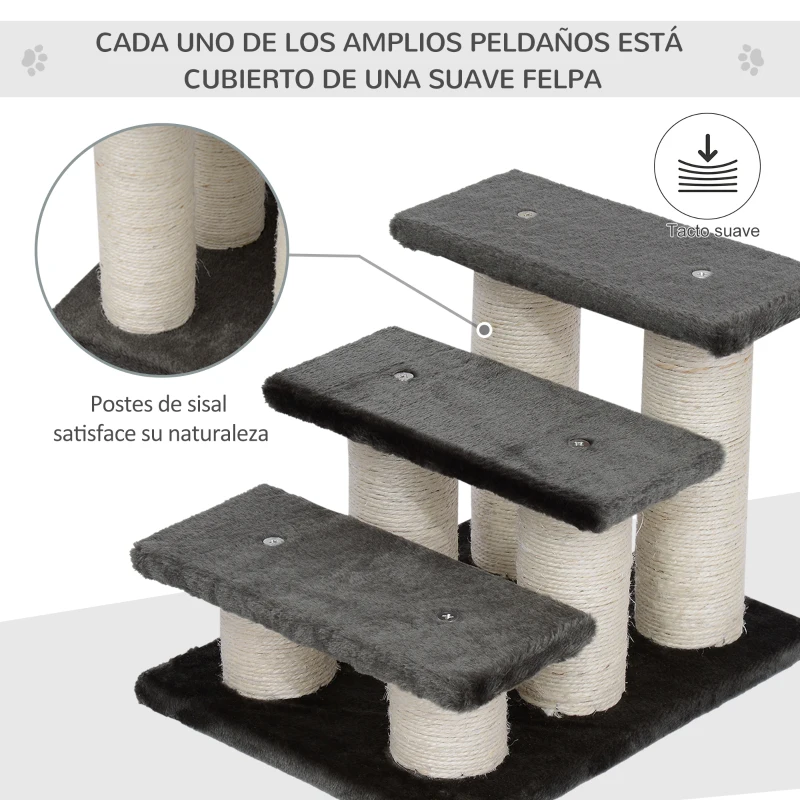 PawHut Escalera de 3 Peldaños para Mascotas con Cubierta Suave Poste Rascador Escaleras Auxiliar de Animales Pequeños 45x35x34 cm Gris