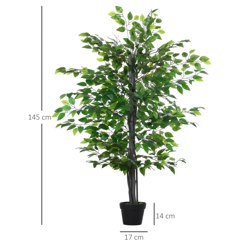 Outsunny Planta Artificial Ficus Artificial de 145 cm con 756 Hojas y Maceta para Decoración Interior Ø20x145 cm Verde