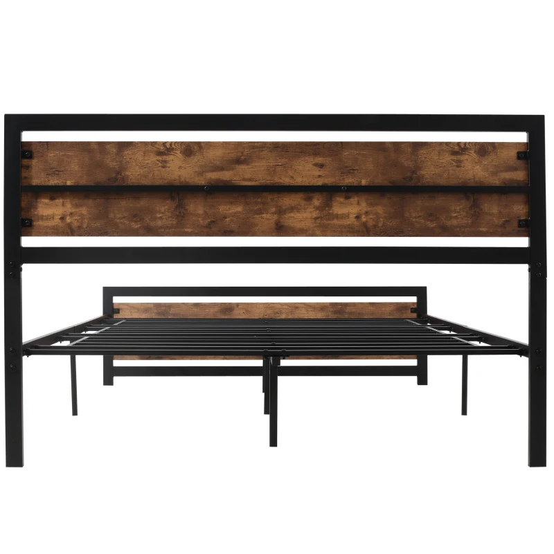 HOMCOM Marco de Cama Doble de Metal para Colchón 150x200 cm con Cabecera de Madera Estructura de Cama con Espacio Bajo de Almacenamiento 160x208x103 cm Negro y Marrón Rústico