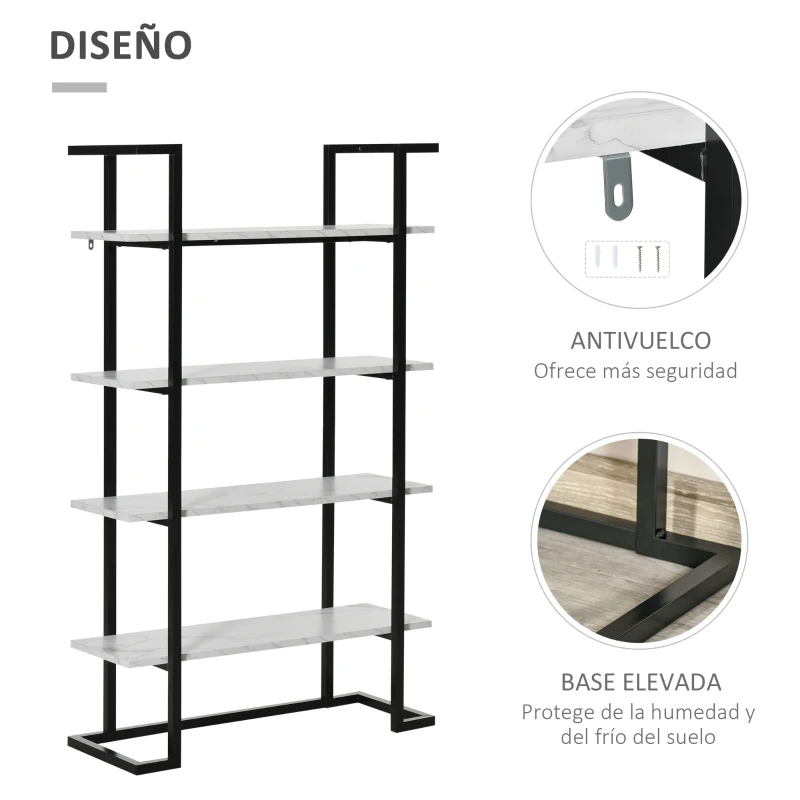 HOMCOM Estantería de 4 Niveles Librería de Almacenamiento con Estantes en Efecto de Mármol Moderno para Salón Oficina Cocina Dormitorio 92x35x152 cm Negro y Blanco