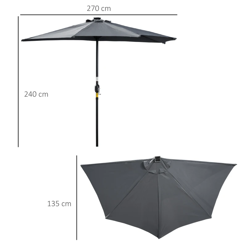 Outsunny Sombrilla de Jardín con 24 Luces LED Solar 270x135x240 cm Parasol Semicircular con Manivela para Balcón Terraza Gris