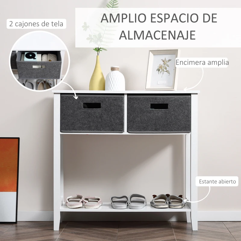 HOMCOM Mesa Consola Mesa de Entrada con 2 Cajones de Tela y 1 Estante de Almacenamiento Mueble Recibidor para Pasillo Salón 80x35x76 cm Blanco