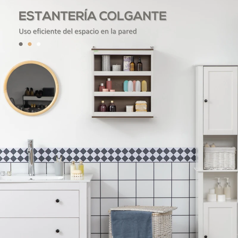 kleankin Armario de Baño de Pared Moderno Mueble Colgante Multifuncional con 3 Estantes 50x20x56 cm Blanco y Nogal