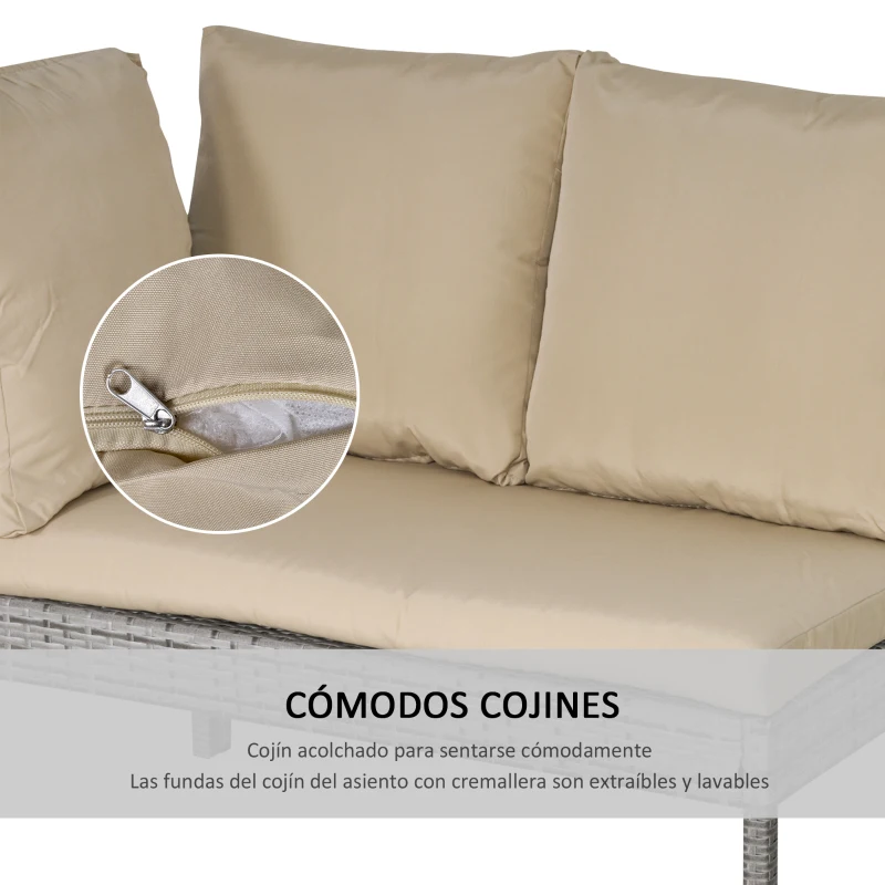 Outsunny Conjunto de Muebles de Ratán 6 Piezas de Jardín Juego de Sofás de 2 Plazas Taburete y Mesa de Comedor con Cojines Acolchados Patio Terraza Balcón Gris y Caqui