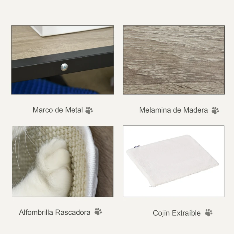 PawHut Casa para Gatos de Madera con Apariencia de Mesa Auxiliar Cueva con Cojín Extraíble Puerta con Orificio y Alfombrilla Rascadora 48x40x64,5 cm Roble Gris