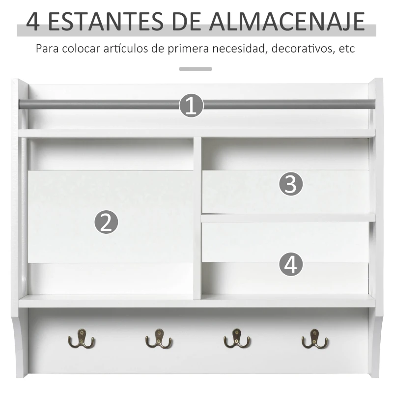 HOMCOM Estantería de Pared Organizador de Entrada con 4 Ganchos 3 Compartimentos 1 Estante y Barra Metálica Moderno para Ropa Llaves Libros 73x20x60 cm Blanco
