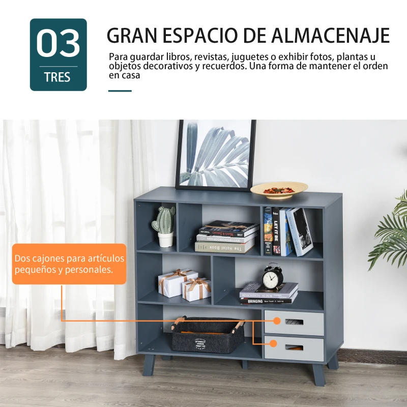 HOMCOM Estantería Librería con 6 Compartimentos y 2 Cajones Mueble Auxiliar con Patas para Libros Decoraciones Fotos 105x30x96 cm Azul y Gris