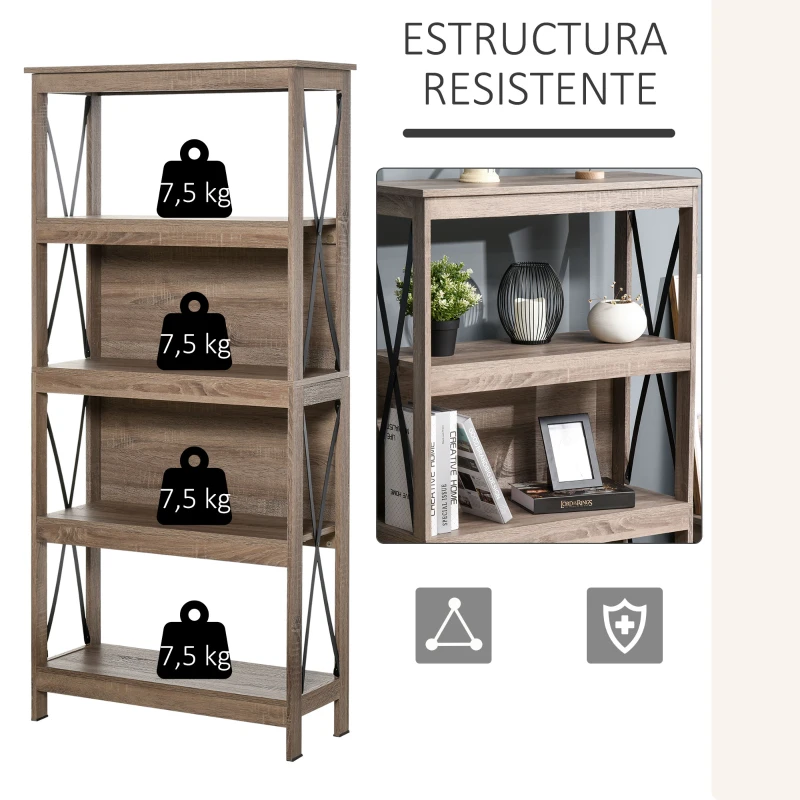 HOMCOM Estantería Librería de 4 Niveles con Laterales Reforzados de Metal para Sala de Estar Oficina Estudio 80x32x167,5 cm Marrón Rústico