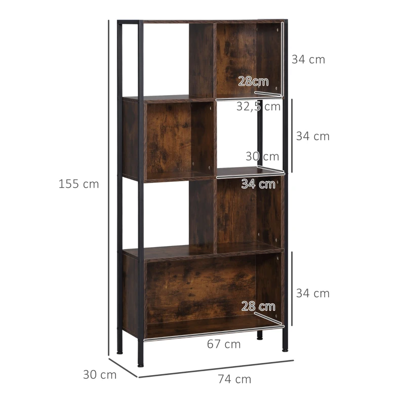 HOMCOM Estantería de Estilo Industrial de Madera con 7 Compartimentos para Salón Oficina 74x30x155 cm Marrón Rústico