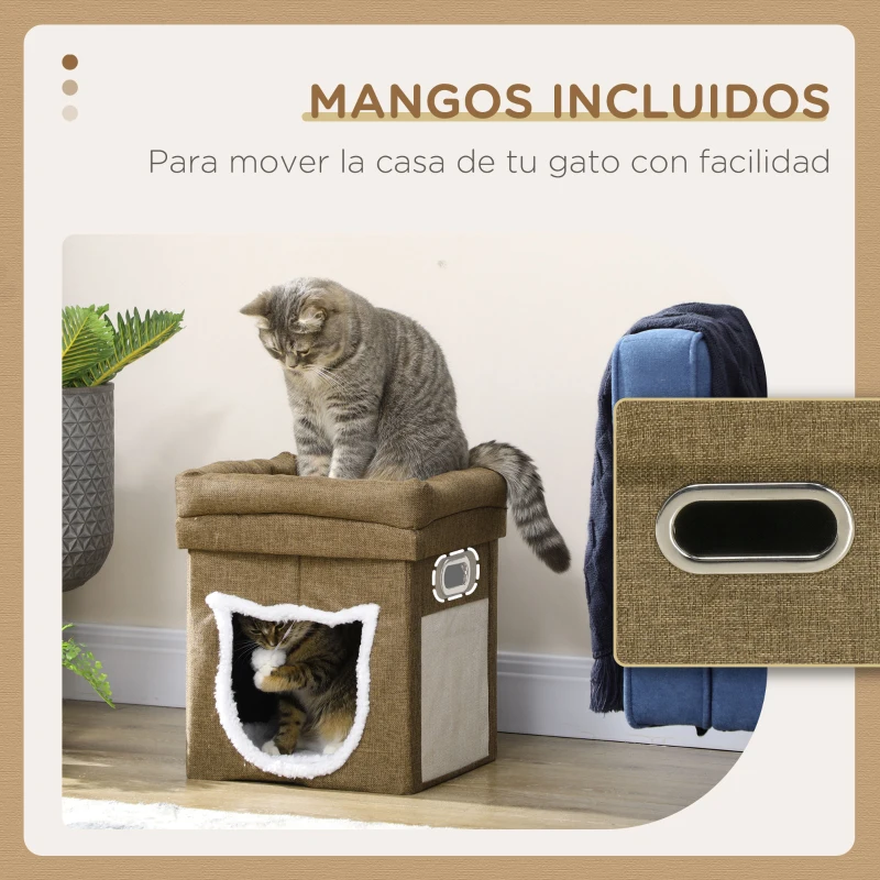 PawHut Cama Cueva para Gatos Caseta para Gatos con Rascador Cojín Suave Bola Colgante y Marco de Madera 39x39x42 cm Marrón