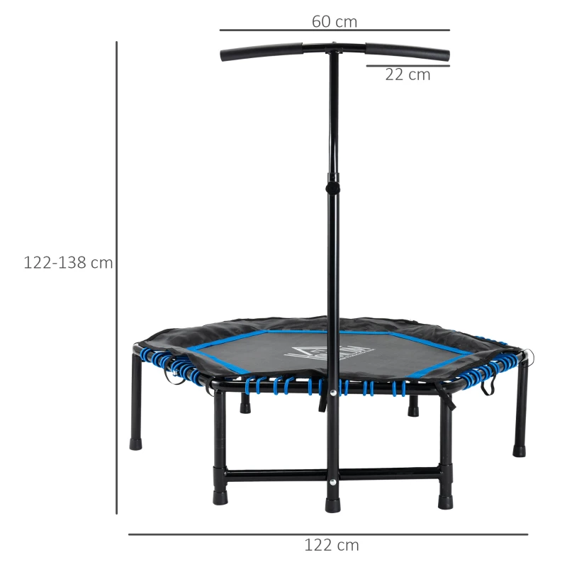 HOMCOM Trampolín de Fitness Ø122 cm Cama Elástica con Mango Ajustable de 3 Niveles 122-138 cm Funda Protectora y Marco de Acero para Interiores y Exteriores Negro y Azul