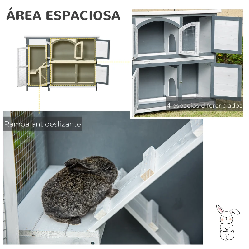 PawHut Conejera de Madera Exterior de 2 Niveles Jaula Grande para 2-4 Conejos con Techo Asfáltico Puertas con Cerradura Bandejas Extraíbles y Rampa 145x48x108 cm Gris y Blanco