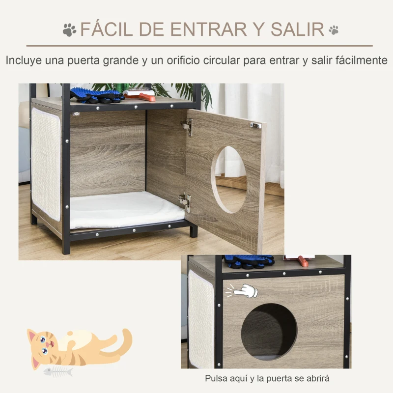 PawHut Casa para Gatos de Madera con Apariencia de Mesa Auxiliar Cueva con Cojín Extraíble Puerta con Orificio y Alfombrilla Rascadora 48x40x64,5 cm Roble Gris