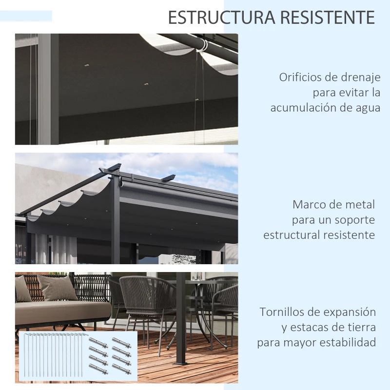Outsunny Pérgola de Jardín Cenador para Exterior con Techo Retráctil y 4 Cortinas Enrollables 4x3 m Gris Oscuro