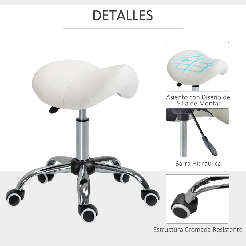 HOMCOM Taburete con Ruedas Taburete Giratoria con Altura Ajustable Taburete Cosmetica Dentista Peluqueria 52x53x49-61 cm Blanco