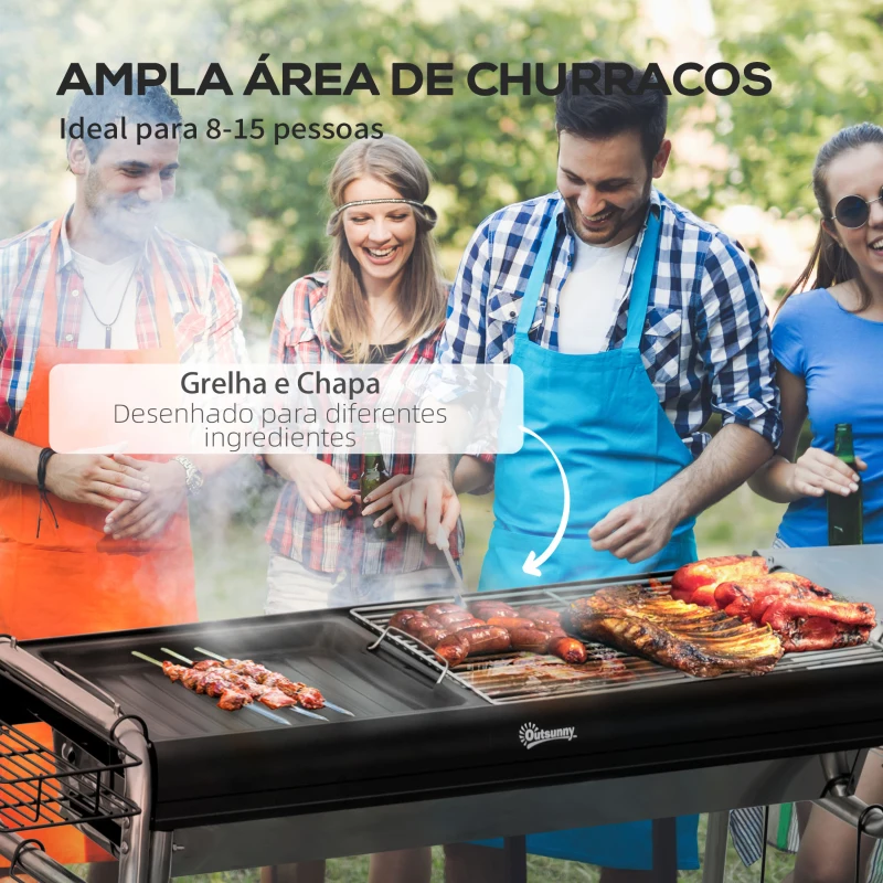 Outsunny Barbecue a Carvão Portátil com Grelha de Aço Inoxidável Prateleira para Temperos e Prateleira de Armazenamento 96x61x72 cm Preto