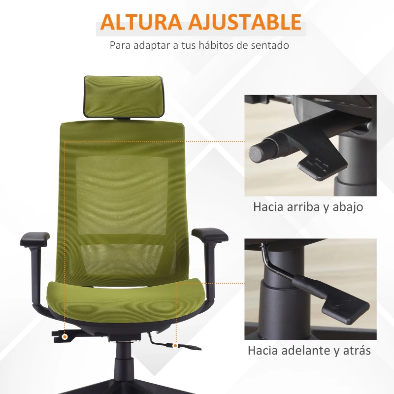 Vinsetto Silla de Oficina Giratoria Silla de Escritorio Ergonómica con Altura Ajustable Reposabrazos Reposacabezas Regulables y Respaldo Alto de Malla 66,5x66x120-128 cm Verde