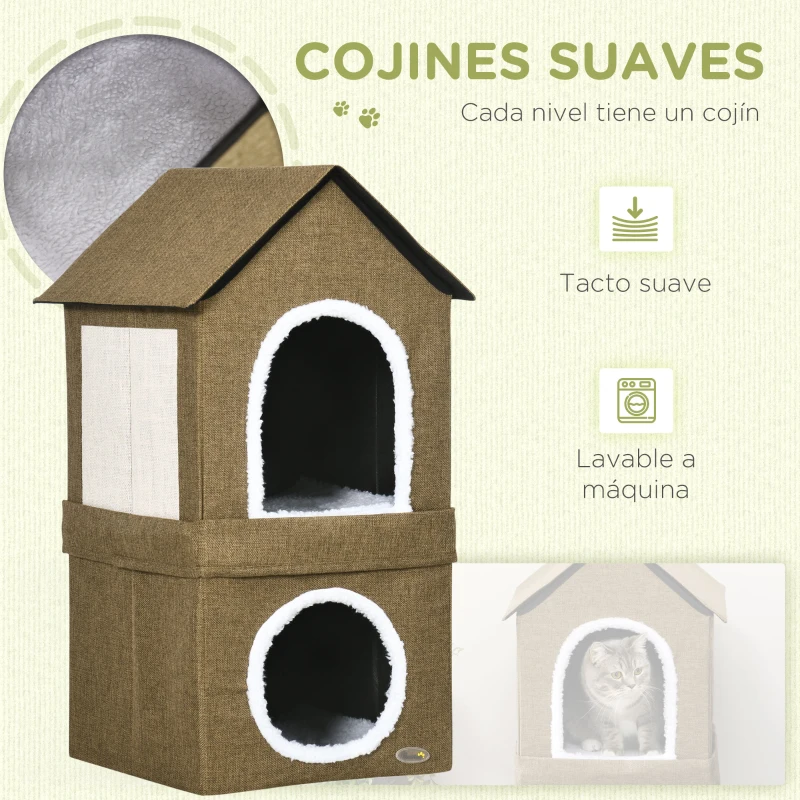 PawHut Casa para Gatos Doble con Cojines y Almohadillas Rascadoras Uso Junto o por Separado 40x41x75 cm Marrón