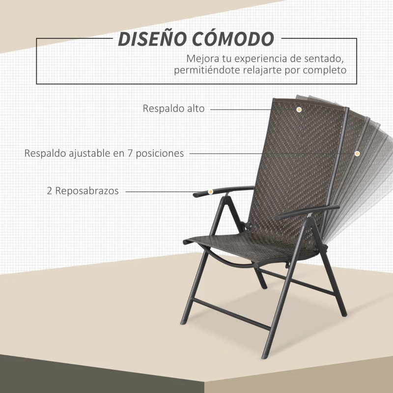 Outsunny Set de 2 Sillas Plegables de Ratán Jardín con Respaldo Alto y Ajustable de 7 Posiciones para Patio Terraza Exteriores 57x67,5x104 cm Gris