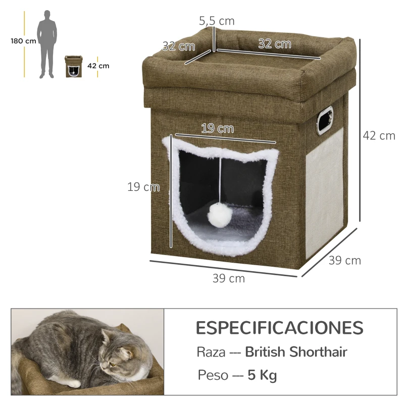 PawHut Cama Cueva para Gatos Caseta para Gatos con Rascador Cojín Suave Bola Colgante y Marco de Madera 39x39x42 cm Marrón