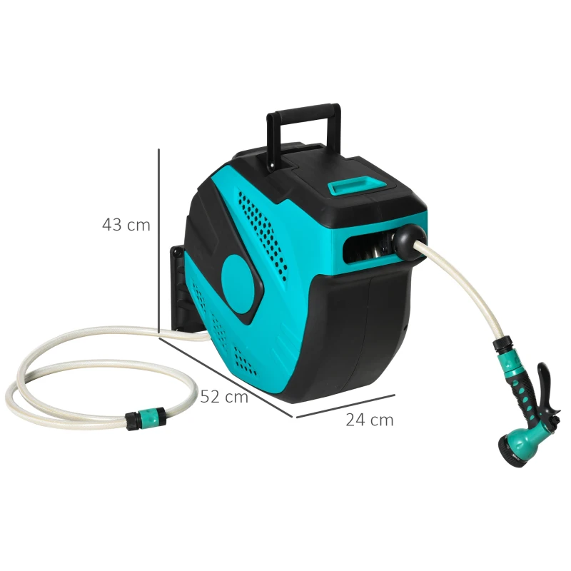 Outsunny Carrete de Manguera de Jardín 20M+1,95M Manguera de Riego Montado en Pared Enrollador Automático con 7 Modos de Pulverización 180° Giratorio 52x43x24 cm Negro y Verde