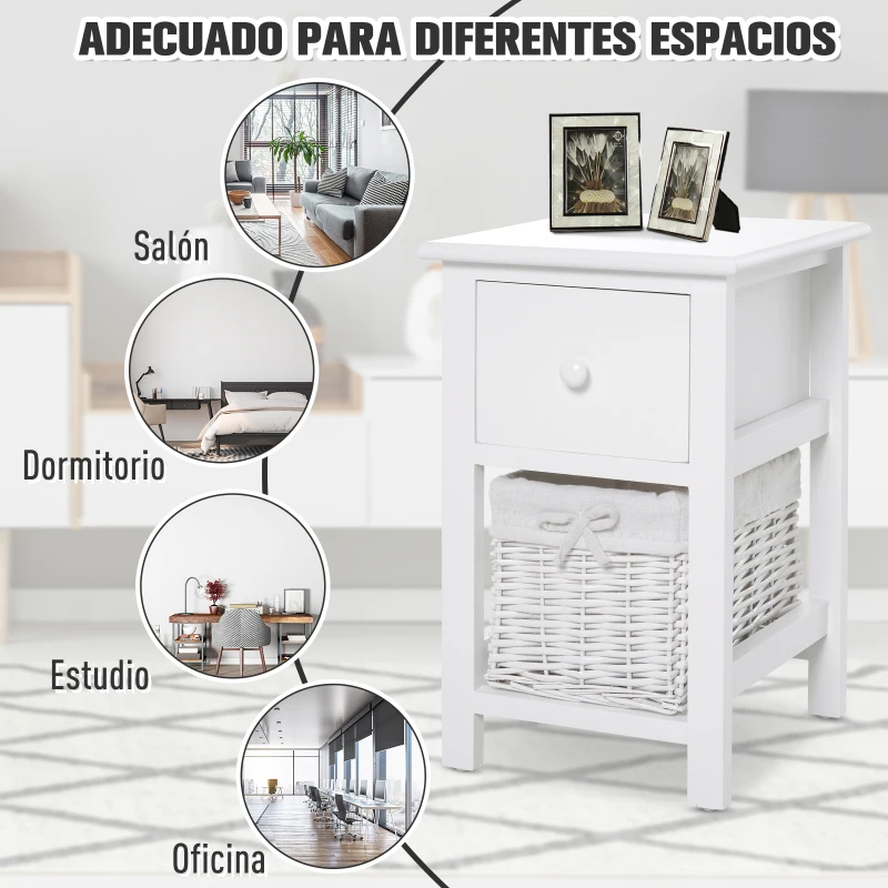HOMCOM Conjunto de 2 Mesillas de Noche Multifuncional Mesa Auxiliar para Salón Dormitorio con 1 Cajón 1 Cesto Diseño Clásico Gran Espacio para Almacenaje Blanco 28x31x45cm