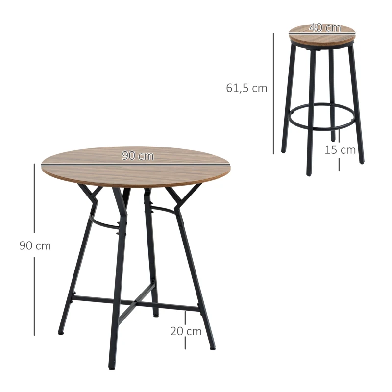 HOMCOM Juego de Mesa Alta y 2 Taburetes de Bar Estilo Industrial para Cocina Salón Ø90x90 cm y Ø40x61,5 cm Madera y Negro