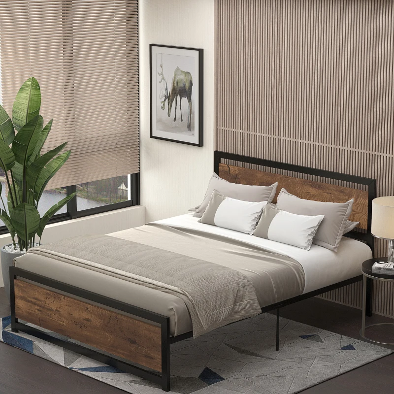 HOMCOM Marco de Cama Doble de Metal para Colchón 150x200 cm con Cabecera de Madera Estructura de Cama con Espacio Bajo de Almacenamiento 160x208x103 cm Negro y Marrón Rústico