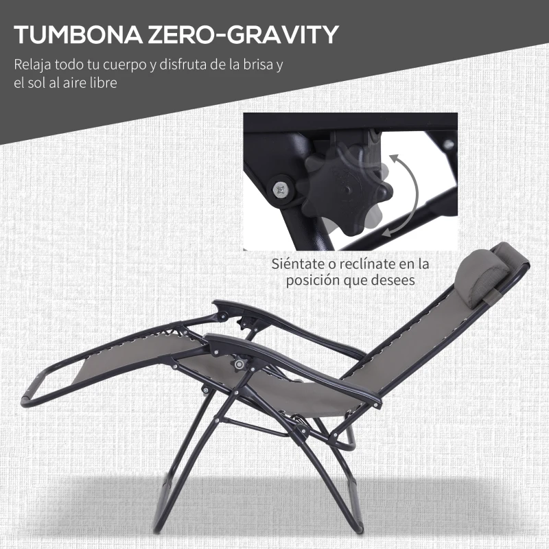 Outsunny Set de 2 Sillas de Gravedad Cero Plegables 90x65x110 cm y Mesa Auxiliar 50x50x50 cm con 2 Portavasos Sillas Reclinables con Reposacabezas para Jardín Terraza Gris