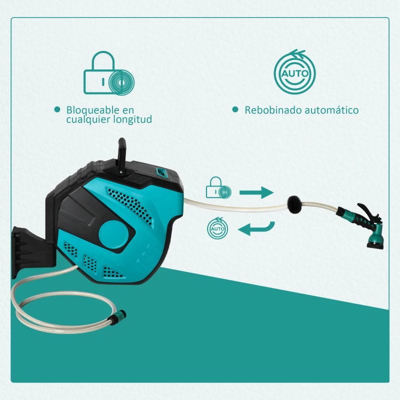 Outsunny Carrete de Manguera de Jardín 20M+1,95M Manguera de Riego Montado en Pared Enrollador Automático con 7 Modos de Pulverización 180° Giratorio 52x43x24 cm Negro y Verde