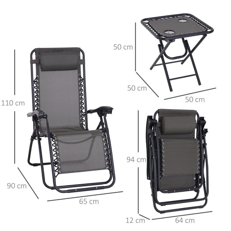 Outsunny Set de 2 Sillas de Gravedad Cero Plegables 90x65x110 cm y Mesa Auxiliar 50x50x50 cm con 2 Portavasos Sillas Reclinables con Reposacabezas para Jardín Terraza Gris