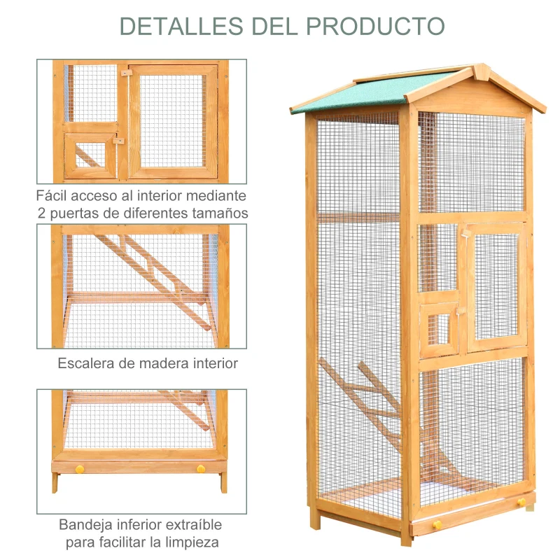 PawHut Jaula para Pájaros Grande de Madera de Abeto con 2 Puertas Bandeja Extraíble y Techo Asfáltico 68x63x165cm Madera