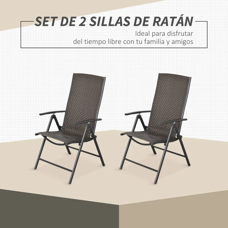 Outsunny Set de 2 Sillas Plegables de Ratán Jardín con Respaldo Alto y Ajustable de 7 Posiciones para Patio Terraza Exteriores 57x67,5x104 cm Gris
